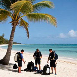 Caribbean Holidays, February Diving, Friendly scuba divers preparing equipment beside a tropical beach in Tobago, palm trees and calm Caribbean sea behind them