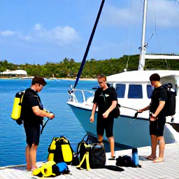Caribbean Holidays, February Diving, Friendly scuba diving group preparing equipment beside a boat in a Saint Martin marina, with tropical coastline and calm blue sea in the background