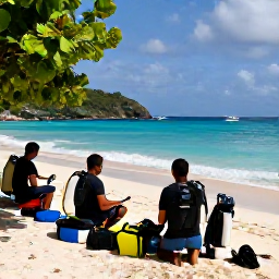 Caribbean Holidays, February Diving, Friendly scuba diving group preparing equipment beside a tropical beach in Antigua