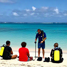 Caribbean Holidays, February Diving, Friendly scuba diving instructor preparing equipment with beginners beside a Caribbean beach in the Dominican Republic