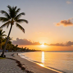 Caribbean Holidays, February Diving, Golden Caribbean sunset over a beach on Sint Maarten, palm trees, calm sea and relaxed holiday atmosphere