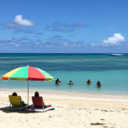 Caribbean Holidays, February Diving Holidays, A relaxed Caribbean beach after a morning of diving, with colourful umbrellas, calm sea and divers enjoying the sunshine