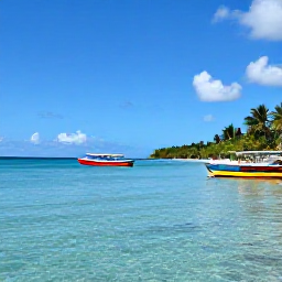 Caribbean Holidays, February Diving Holidays, A sunny Caribbean coastline in February with calm turquoise water, colourful boats and palm trees
