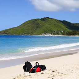 Caribbean Holidays, February Diving, Relaxed Caribbean beach on Montserrat with dive equipment drying near the shore and green hills beyond