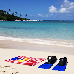 Caribbean Holidays, February Diving, Relaxed Saint Barth&eacute;lemy beach scene after diving, with a towel, fins and mask beside clear turquoise water and palm trees