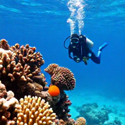 Caribbean Holidays, February Diving, Scuba diver exploring a colourful coral reef in clear Caribbean water off the Dominican Republic