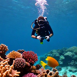 Caribbean Holidays, February Diving, Scuba diver exploring a colourful coral reef in clear turquoise water around the Turks and Caicos Islands