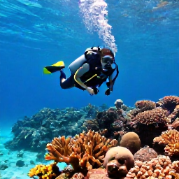 Caribbean Holidays, February Diving, Scuba diver exploring a colourful coral reef in clear turquoise water off Barbados in bright February sunshine
