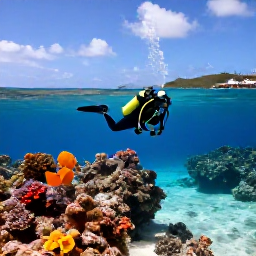 Caribbean Holidays, February Diving, Scuba diver rising beside a colourful reef with a sandy seabed, calm Caribbean water and Saint Martin coastline visible in the distance