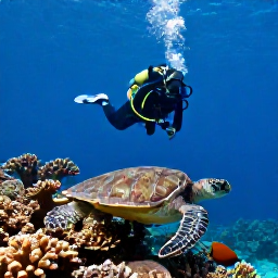 Caribbean Holidays, February Diving, Scuba diver swimming above a vibrant coral reef with sea turtles and tropical fish in the Tobago Cays