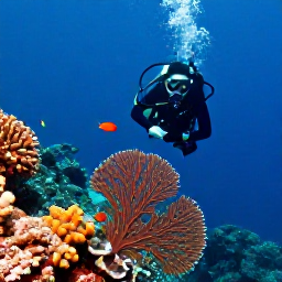 Caribbean Holidays, February Diving, Scuba diver swimming above bright coral, sea fans and tropical fish in the Dominican Republic