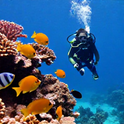 Caribbean Holidays, February Diving, Scuba diver swimming beside a coral-covered reef wall off Saint Martin, surrounded by angelfish, parrotfish and clear blue water