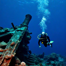 Caribbean Holidays, February Diving, Scuba diver swimming beside a historic shipwreck on the seabed near Norman Island, British Virgin Islands