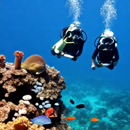 Caribbean Holidays, February Diving, Scuba divers descending beside a rocky Caribbean reef near Saint Martin, schools of tropical fish and clear turquoise water