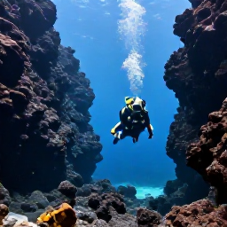 Caribbean Holidays, February Diving, Scuba divers descending beside dramatic volcanic rock and clear blue water around Sint Eustatius