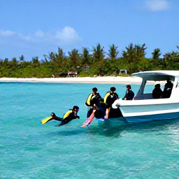 Caribbean Holidays, February Diving, Scuba divers entering the turquoise sea from a small dive boat near Bayahibe, Dominican Republic, with a bright sandy beach in the background