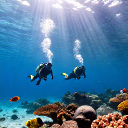 Caribbean Holidays, February Diving, Scuba divers exploring a clear Caribbean reef near Punta Cana, colourful tropical fish and sunbeams in the water