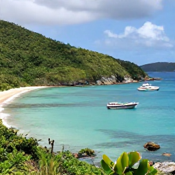 Caribbean Holidays, February Diving, Small dive boat arriving at a quiet Caribbean cove with lush green hills and moored yachts in the British Virgin Islands
