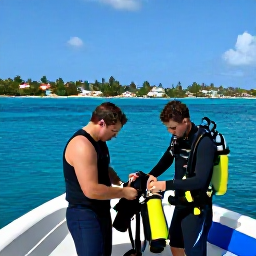 Caribbean Holidays, February Diving, Small dive boat on calm Caribbean water near Saint Martin and Sint Maarten, divers preparing equipment with tropical coastline in the background