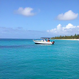 Caribbean Holidays, February Diving, Small dive boat travelling across calm turquoise water towards the Dominican Republic coastline on a sunny February day