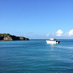 Caribbean Holidays, February Diving, Small dive boat travelling across calm turquoise water towards the rocky coastline of Saint Barth&eacute;lemy on a sunny February morning