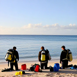 Caribbean Holidays, February Diving, Small group of scuba divers preparing equipment beside a calm Cura&ccedil;ao beach on a sunny February morning