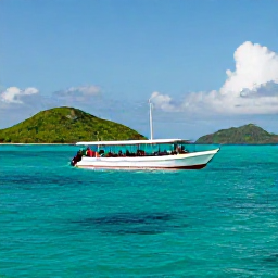 Caribbean Holidays, February Diving, Traditional dive boat travelling across calm turquoise water with green Caribbean islands in the background