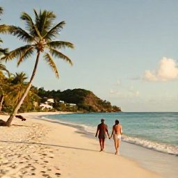 Caribbean Holidays, February Escapes, A couple walking along a quiet white-sand beach in Saint Vincent and the Grenadines, with palm trees, turquoise water and warm February sunshine