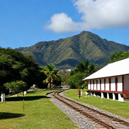 Caribbean Holidays, February Escapes, A historic sugar plantation railway winding through lush Saint Kitts countryside with green mountains and blue sky