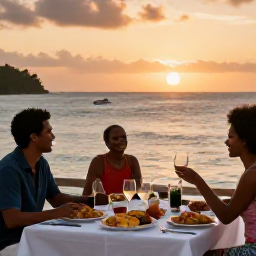 Caribbean Holidays, February Escapes, A relaxed Caribbean evening beside the sea with outdoor dining, local food and a warm sunset over Saint Kitts