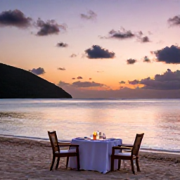 Caribbean Holidays, February Escapes, A romantic beachfront dinner for two in the British Virgin Islands, sunset sky, elegant table and calm Caribbean sea