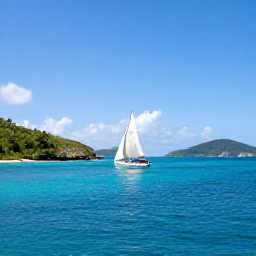 Caribbean Holidays, February Escapes, A sailing boat passing between green islands near Tortola in the British Virgin Islands, clear water and bright February weather