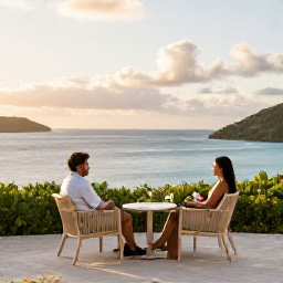 Caribbean Holidays, February Escapes, A stylish adults-only resort terrace overlooking the Caribbean Sea in the British Virgin Islands, couples enjoying a quiet February evening