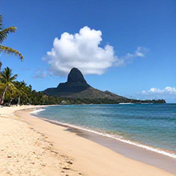 Caribbean Holidays, February Escapes, A tranquil Nevis beach with golden sand, palm trees, calm blue water and Nevis Peak in the background