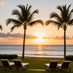Caribbean Holidays, February Escapes, Adults-only beachfront resort in Puerto Rico at sunset, calm Caribbean sea, palm trees and elegant loungers