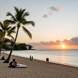 Caribbean Holidays, February Escapes, Adults-only beachfront resort on Saint Kitts at sunset, calm turquoise sea, palm trees and relaxed guests
