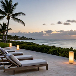 Caribbean Holidays, February Escapes, An elegant adults-only resort terrace overlooking the Caribbean Sea at sunset, with comfortable loungers, soft lighting and a peaceful atmosphere
