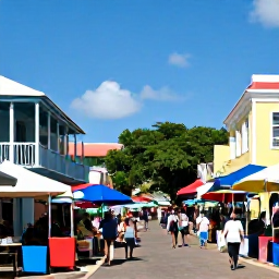 Caribbean Holidays, February Escapes, Colourful Caribbean town with local market, historic buildings and visitors exploring in bright February sunshine