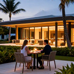 Caribbean Holidays, February Escapes, Couple dining outdoors at a modern adults-only Caribbean resort, candlelit table, tropical garden and warm evening light