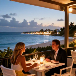 Caribbean Holidays, February Escapes, Couple enjoying a candlelit dinner overlooking the Caribbean at a stylish adults-only restaurant in Sint Maarten
