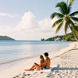 Caribbean Holidays, February Escapes, Couple relaxing on a quiet white-sand beach in the U.S. Virgin Islands in warm February sunshine, calm turquoise sea and palm trees
