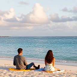 Caribbean Holidays, February Escapes, Couple relaxing on a tranquil Bahamian beach at golden hour with soft sand and calm blue sea