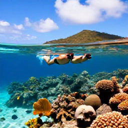 Caribbean Holidays, February Escapes, Couple snorkelling above a colourful coral reef in clear Caribbean water near St John, U.S. Virgin Islands, with tropical fish and a sandy bay visible below