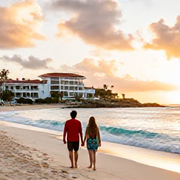 Caribbean Holidays, February Escapes, Couple walking along a beautiful Caribbean beach near an adults-only resort in Saint Martin during a warm February sunset