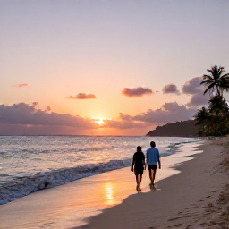 Caribbean Holidays, February Escapes, Couple walking along a peaceful Caribbean beach at sunset in Saint Vincent and the Grenadines, with gentle waves and a colourful evening sky