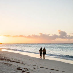 Caribbean Holidays, February Escapes, Couple walking along a quiet white sand beach in the Caribbean at sunset, warm February light and calm ocean