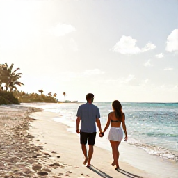 Caribbean Holidays, February Escapes, Couple walking hand in hand along a quiet white-sand beach in Nassau, Bahamas, in warm February sunshine