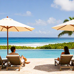 Caribbean Holidays, February Escapes, Elegant adults-only Caribbean resort terrace with ocean view, pool and couples enjoying a peaceful February holiday