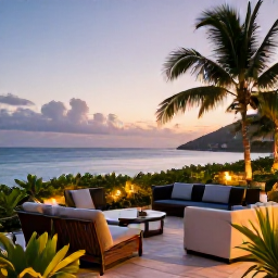 Caribbean Holidays, February Escapes, Elegant adults-only resort terrace in Saint Vincent and the Grenadines at dusk, with comfortable seating, tropical planting and a calm sea view