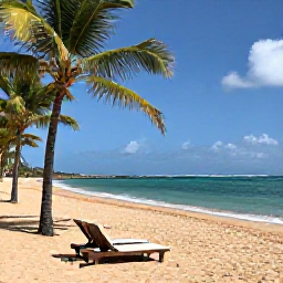 Caribbean Holidays, February Escapes, Golden sandy beach in Puerto Rico in February, turquoise water, palm-fringed shore and two empty sun loungers